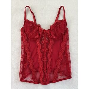 Shirley of Hollywood Red Lace Push Up Basque Corset Bustier With Padding Size 32